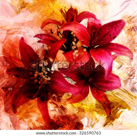 Stylized bouquet of red lilies on grunge stained and striped colorful background