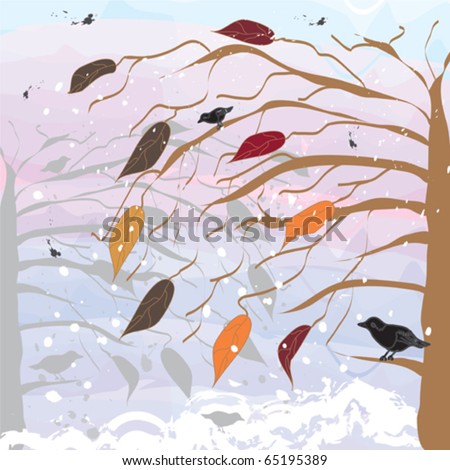 Tree with birds on sunrise background with snowfall as symbol of season change