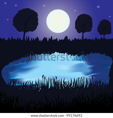 Night landscape with lake, full moon,reflection on water,forest