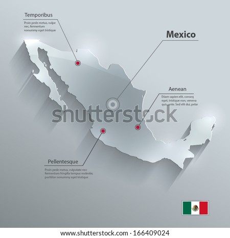 Mexico map flag glass card paper 3D vector 