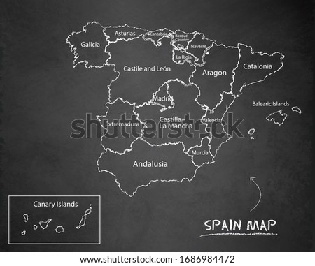 Spain map administrative division, separates regions and names, design card blackboard chalkboard vector
