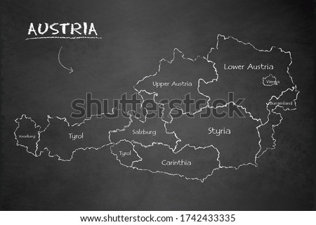 Austria map administrative division separates regions and names individual region, design card blackboard chalkboard vector