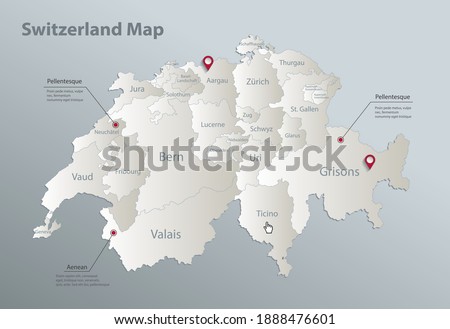 Switzerland map, administrative division with names, blue white card paper 3D vector