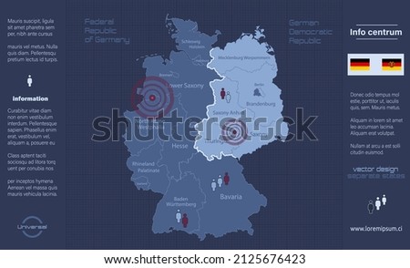 Germany map divided on West and East Germany with regions with names, infographics blue flat design vector