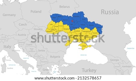 Map of the Ukraine in the colors of the flag with individual regions and capital city, with neighboring states with names vector
