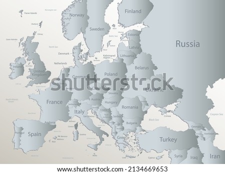 Europe with parts of Asia, detailed map, individual states and islands and sea with names, white blue card paper 3D vector 商業照片 © 