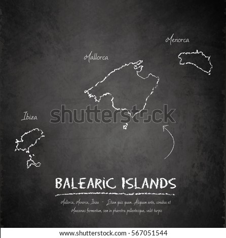 Balearic Islands, Mallorca, Menorca, Ibiza map blackboard chalkboard vector