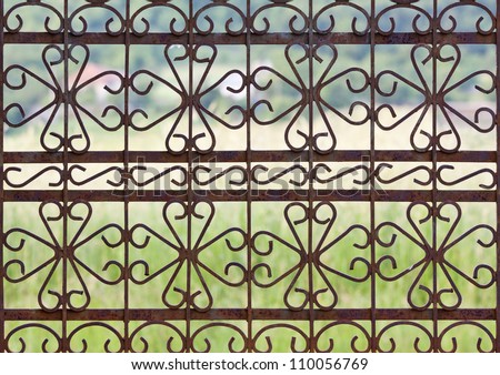 Rusty wrought iron gate, fence design.