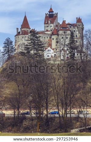 BRAN, ROMANIA - MARCH 22, 2015: Bran Castle, also known as Dracula\'s Castle. Its fame is created around Bram Stoker character, Count Dracula, often identified as Vlad Tepes (Vlad the Impaler).