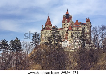 BRAN, ROMANIA - MARCH 22, 2015: Bran Castle, also known as Dracula\'s Castle. Its fame is created around Bram Stoker character, Count Dracula, often identified as Vlad Tepes (Vlad the Impaler).