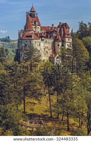 BRAN, ROMANIA - SEPTEMBER 22, 2015: Bran Castle, also known as Dracula Castle. Its fame is created around Bram Stokerâ??s character, Count Dracula, often identified as Vlad Tepes (Vlad the Impaler).