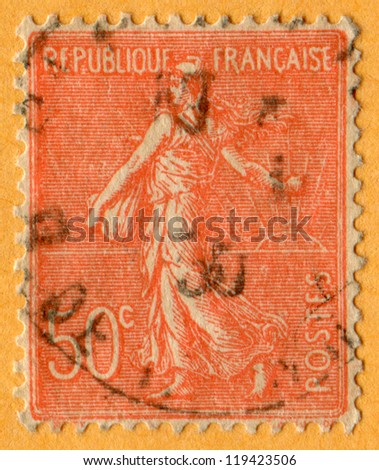 FRANCE- CIRCA 1926 : A stamp printed in France (French Republic), shows Sower (no ground). Scott catalog 146 A20 50c vermilion, circa 1926