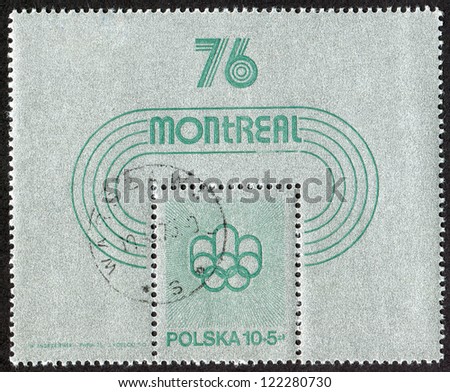 POLAND - CIRCA 1976: Postage stamp printed in Poland shows Sport Stadium and Olympic Rings. Montreal Olympic Games Emblem. Polska, Scott Catalog B130 SP55 circa 1976