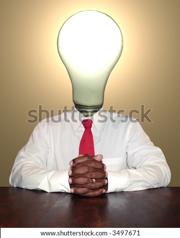 idea and thinker businessman personality concept photo manipulation depicting a lightbulb for a head sitting at a desk ready for a meeting.  isolated over a neutral colored background.