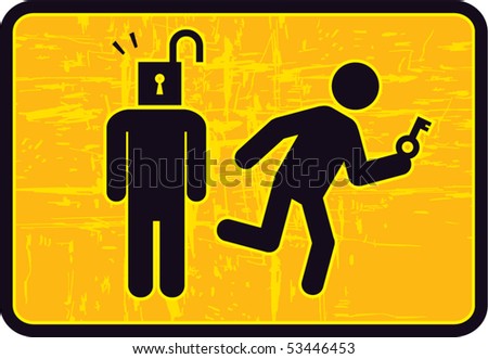 Man with Key running from Unlocked Head Man (1 of 3 set) Imagine de stoc © 