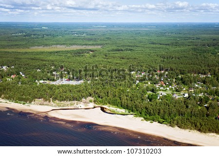 aerial view over the baltic coast at the Riga Gulf