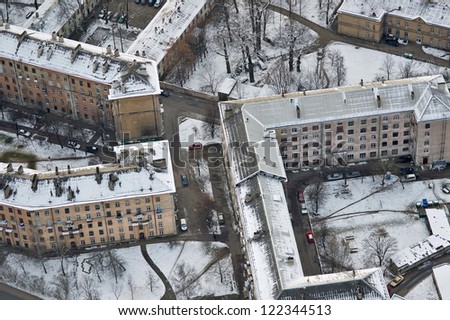 Aerial view over the Riga suburb in winter time