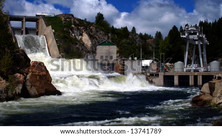 Open spillway and power plant at Cascade Dam, Cascade Idaho