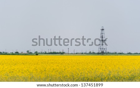 Oil and gas rig profiled over canola rural field