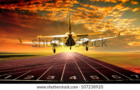 Aircraft landing on running track or athlete track