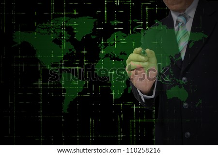 Business man draw digital world map.