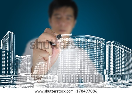 Business man or architect draw building and cityscape on white background