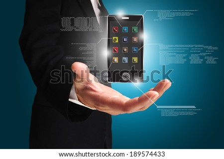 Male Hand Hold Mobile or Smart phone present icon and detail of application