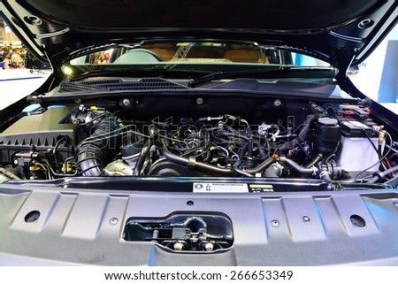 BANGKOK - March 26 : Engine room of Volkswagen Amarok on DisPlay at 36th Bangkok International Motor Show on March 26, 2015 in Bangkok, Thailand.