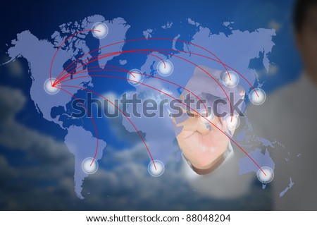 Business man write internet diagram on world map