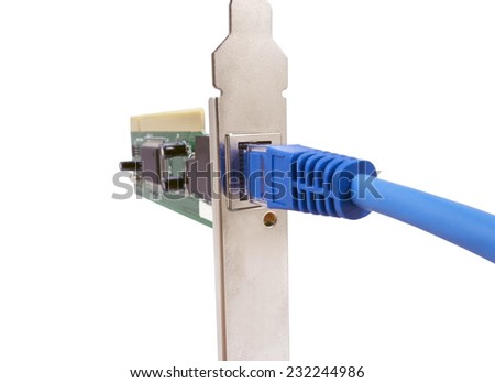 lan cable & network card on white background