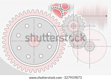 Gear wheels in cooperation represented as pencil drawing. Technological abstract technical and engineering background
