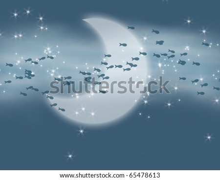 Stars and Half Moon with Fish swimming through the Milky Way Illustration