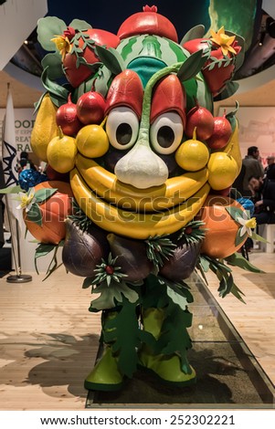 MILAN, ITALY - FEB, 12: the Expo 2015 mascotte, Foody, at the Expo Milano 2015 World Fair stand during BIT at Rho-Fiera in Milan on February 12, 2015