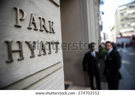 MILAN, ITALY - MAY 2: The Park Hyatt Milan hotel entrance in Milan on May 2, 2015. Occupying a building dating back to 1870, the boutique hotel is one of the most luxurious accommodations in Milan.