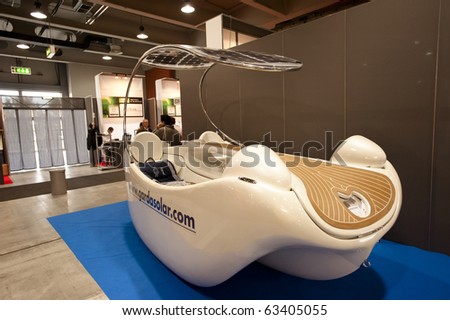 MILAN, ITALY - OCT. 20: new generation solar electric boat, made with recyclable materials at SMAU, International Exhibition of Information and Communication Technology on October 20, 2010 in Milan