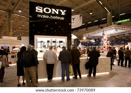 MILAN - MARCH 25: Sony stand at Photoshow 2011 in Milan Fair on March 25, 2011 in Milan, Italy. This year Photoshow hosts about 300 exhibitors of all the most important firms of the photography business