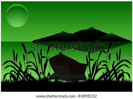 Night landscape with a lake, reeds, mountains, boat and the full moon