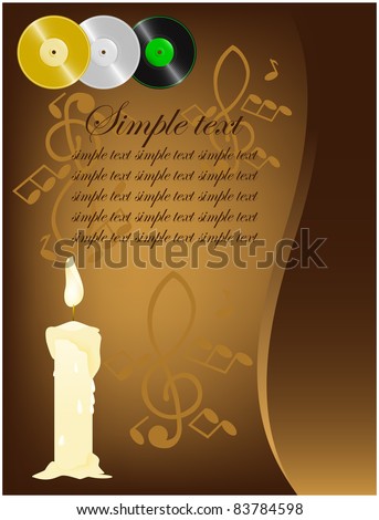 Burning candle with three vinyl records and music scores signs located on grunge background