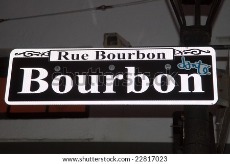 Color DSLR image of street sign for Bourbon Street, New Orleans, Louisiana. Especially during Mardi Gras, Rue Bourbon is a popular tourist destination. Horizontal with copy space for text