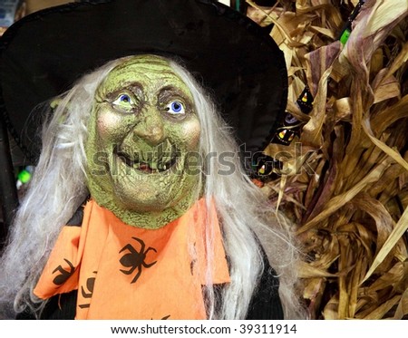 Color DSLR image of spooky but smiling Halloween Witch doll, with a green face, grey hair and an orange and black outfit.