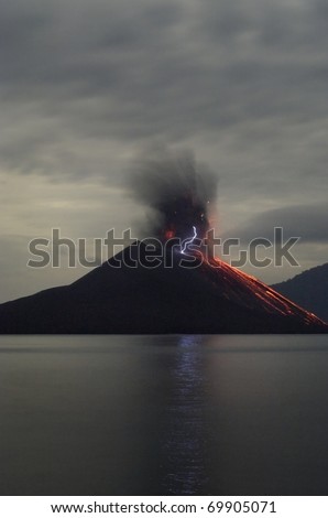 Night volcano eruption. Anak Krakatau, Indonesia