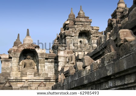 relief carvings on stone walls of borobudur temple ruins yogyakarta java indonesia