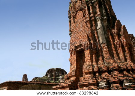 ancient brick tower part of temple ruins in ayuthaya thailand