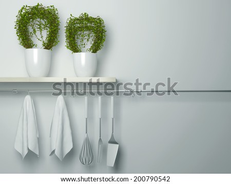 Steel spatulas, whisk and towel in front of wall. Flower pot on the wooden shelf, kitchen cooking utensils. Copy space over wall area.