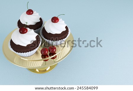 Chocolate cupcakes with ice-cream and cherries on a golden stand.