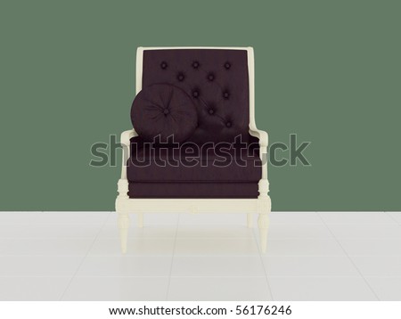 Classic violet armchair in the midle of the room, 3d render/illustration