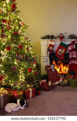Burning fireplace and a dog sleeping under the christmas tree