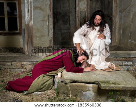 Mary Magdalene crying of shame and embalming Jesus' feet Stock fotó © 
