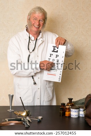 Vintage doctor doing an eye test with letters