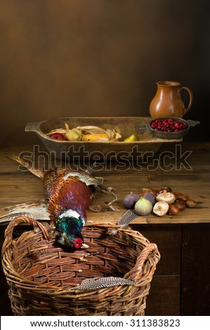 Wild pheasant and fruit in an old master hunting still life